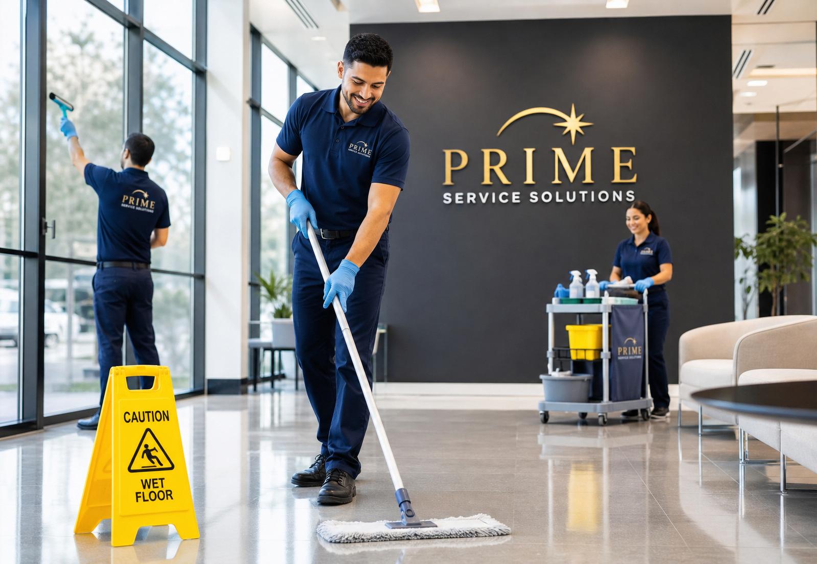 Commercial cleaning team working in a modern office lobby